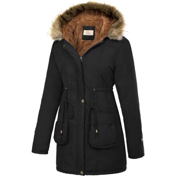 Women's Winter Coats Fleece Parkas Anoraks Hooded Military Jacket Coats M Black